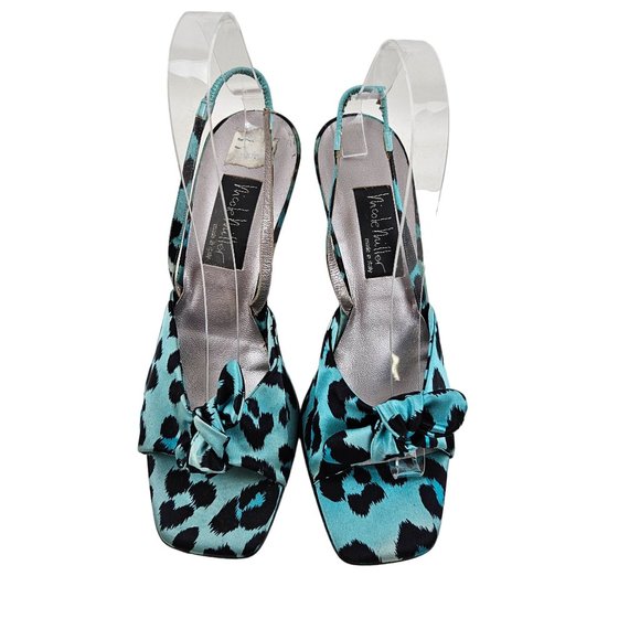 Nicole Miller Heels Womens 9.5M Animal Print Satin Blue Black Strap Italy Dressy - Picture 2 of 9